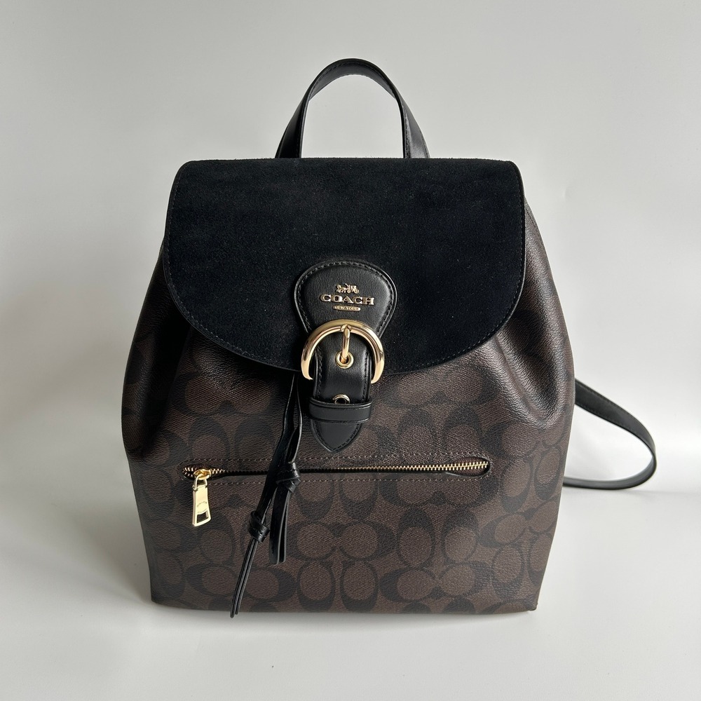 Coach Kleo Backpack Brown Black Signature Canvas Suede C5648 Excellent